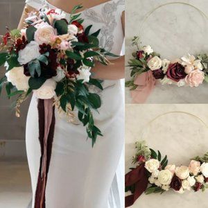 Ling's Moment 11" Marsala bouquet + 2x ring bouquets